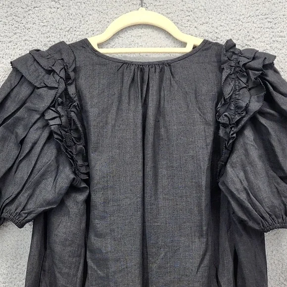 Olivaceous Black Ramie Linen Blend Ruffle Puff Sleeve Mini Shift Dress Small - Picture 12 of 14
